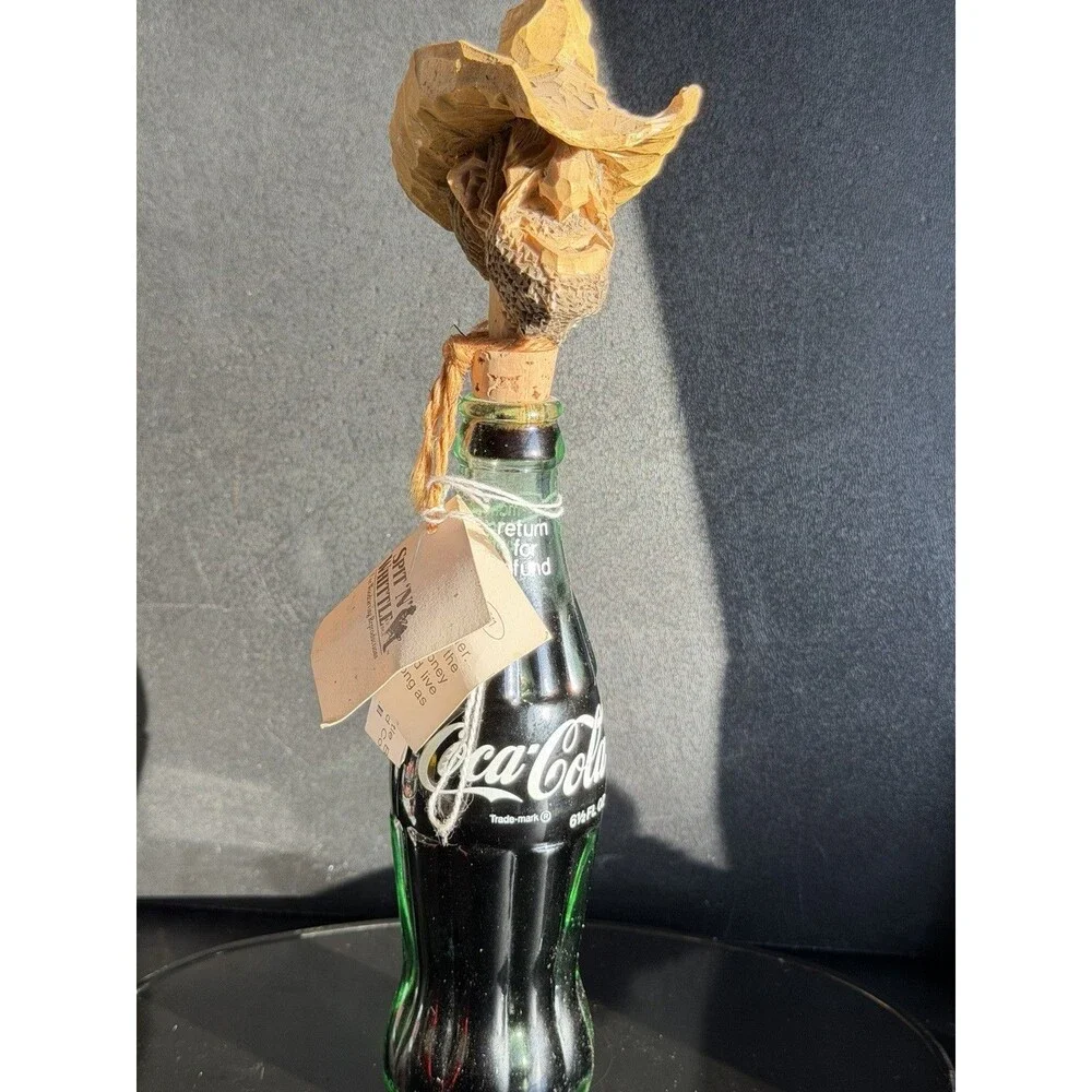 Vintage Coca Cola Bottle with Hand-Carved Wooden TopperFigurine